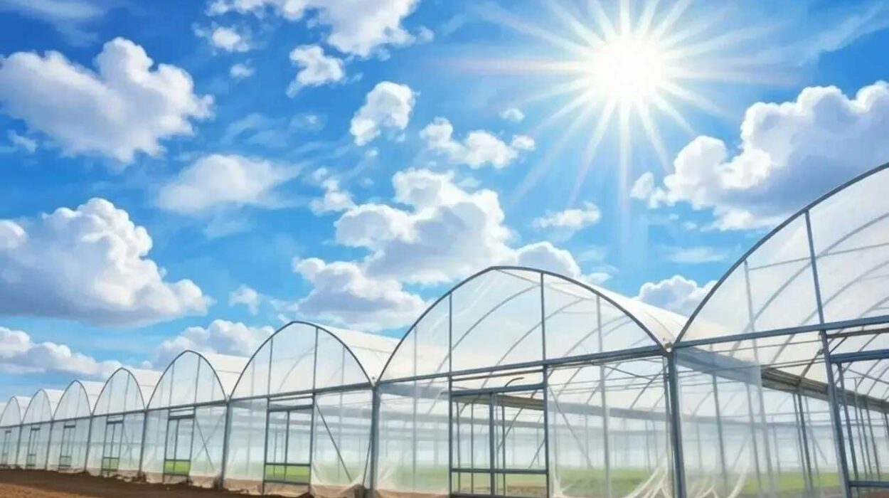 Example of greenhouse covering that causes yield loss due to incorrect plastic selection: Tunnel greenhouses covered with transparent plastic, under bright sunlight