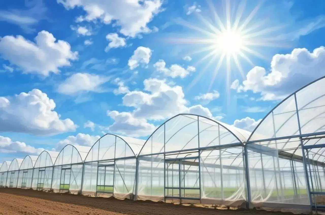 Example of greenhouse covering that causes yield loss due to incorrect plastic selection: Tunnel greenhouses covered with transparent plastic, under bright sunlight