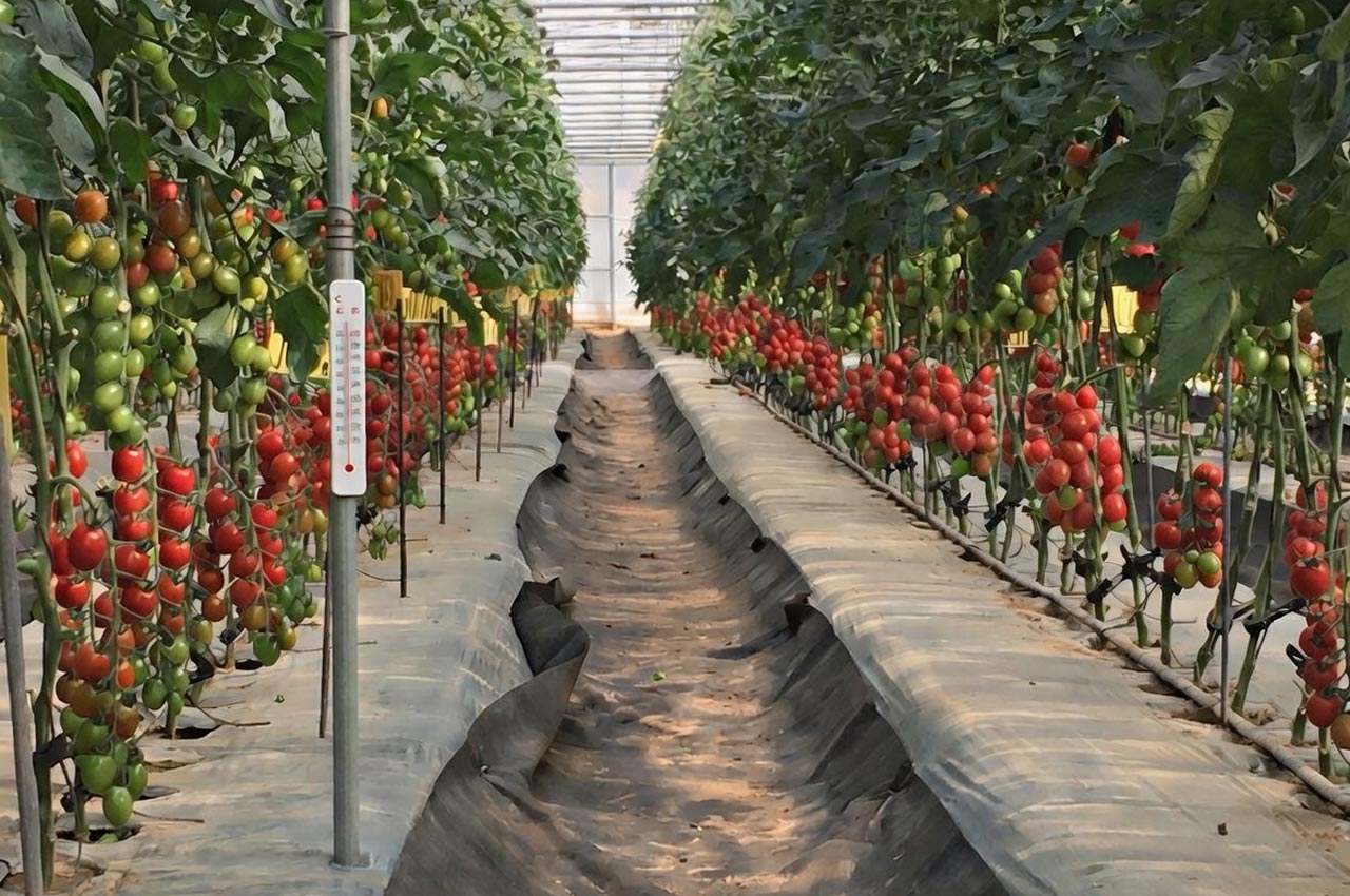 Domates serasında termal kontrollü sera naylonu ile gece-gündüz sıcaklık farkını dengeleyen sabitlenmiş sera