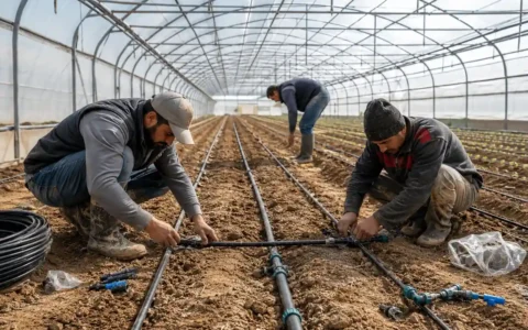 Serada damla sulama sistemi kurulumu yapan tarım işçileri