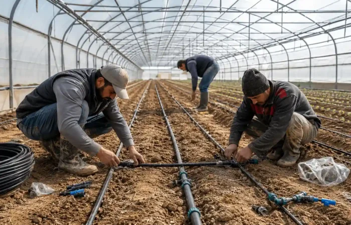 Serada damla sulama sistemi kurulumu yapan tarım işçileri
