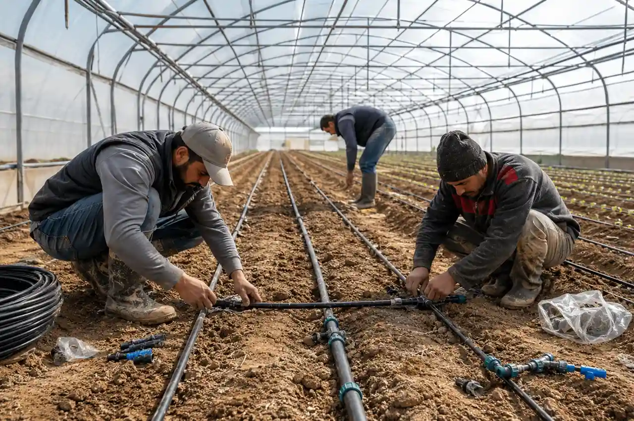 Agricultural workers installing a drip irrigation system in a greenhouse